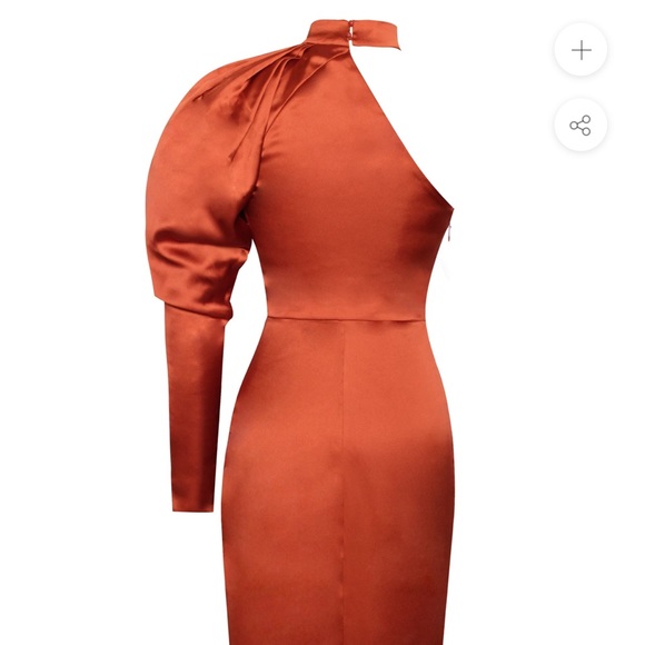 Puff Sleeve One Shoulder Satin Dress - Picture 5 of 16